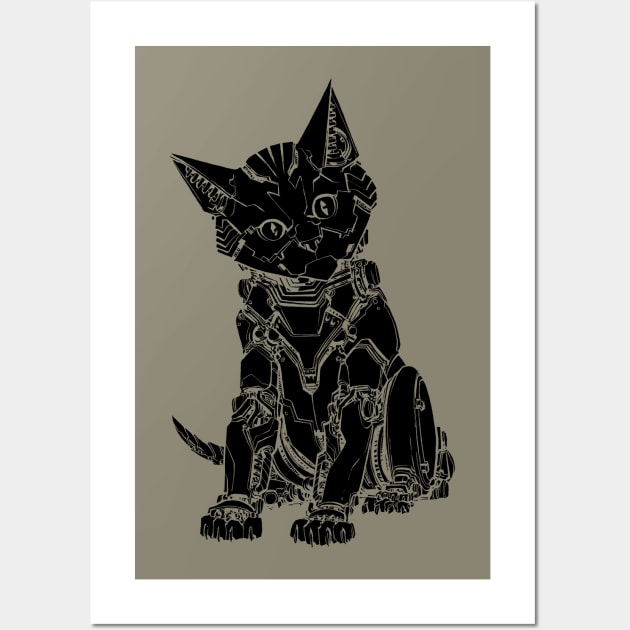 Robot Cat (black shape) Wall Art by WhiskeyMech